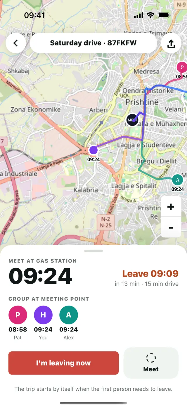 Trip screen before leaving, with the meet time, when to leave and everyone’s arrival