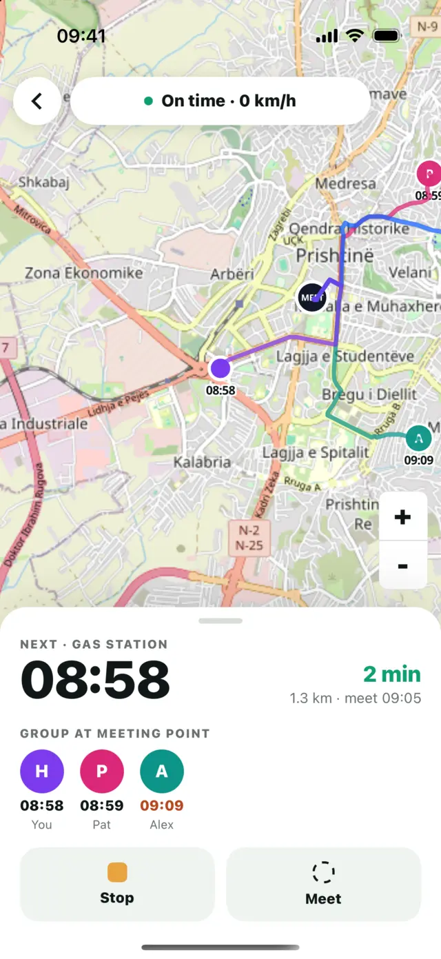 Trip screen on the way, with the route, each traveller on the map and the group’s arrival times