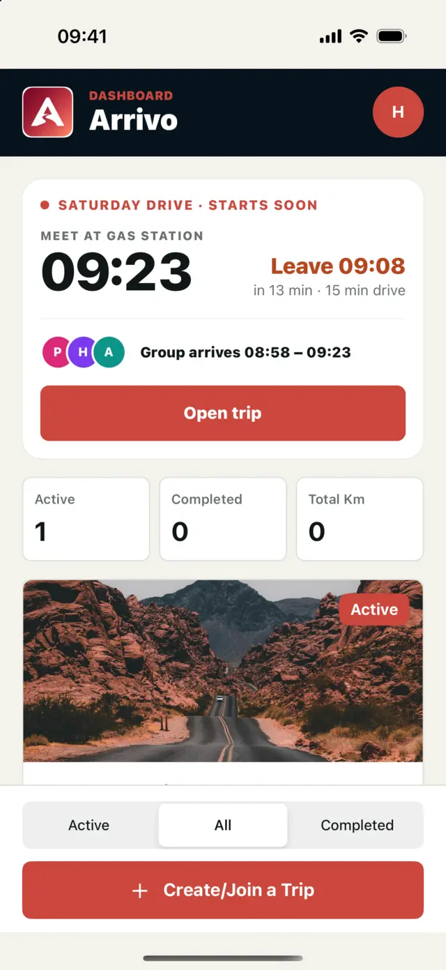 Arrivo home screen with an upcoming trip, the meet time, when to leave and when the group arrives